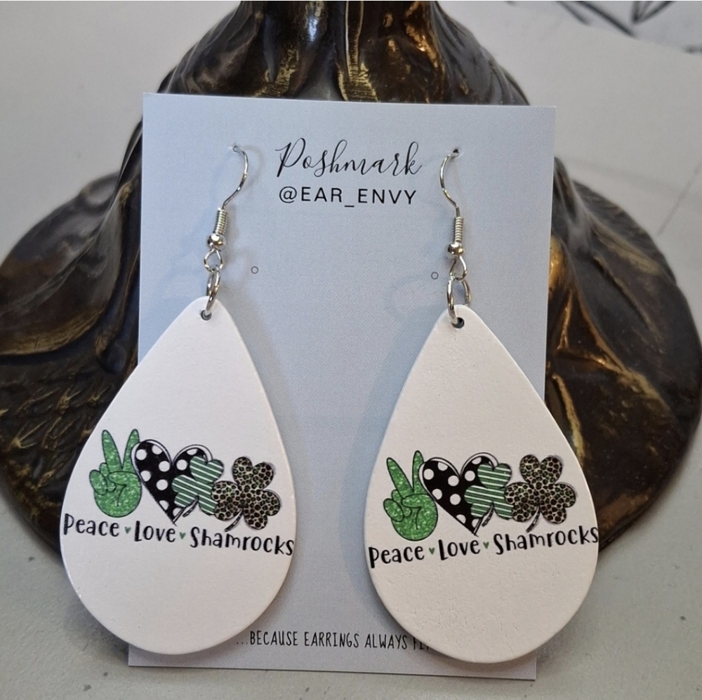 PEACE LOVE SHAMROCKS TEARDROP EARRINGS